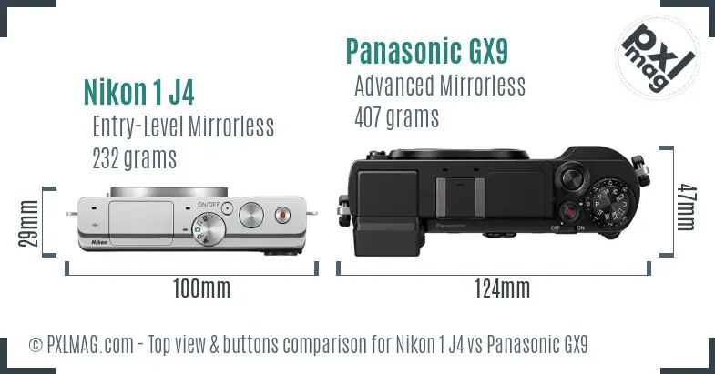 Nikon 1 J4 vs Panasonic GX9 top view buttons comparison
