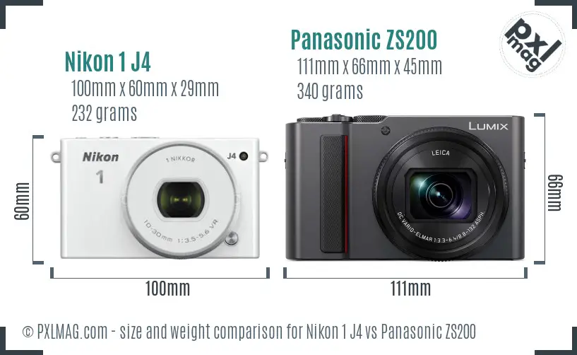 Nikon 1 J4 vs Panasonic ZS200 size comparison