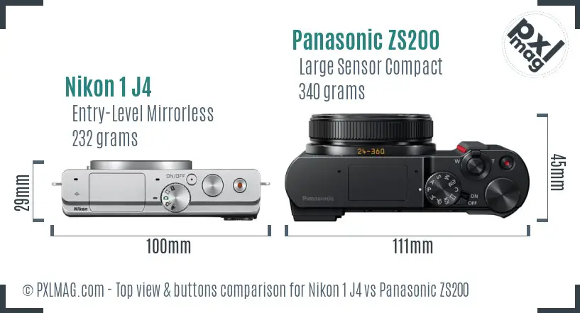 Nikon 1 J4 vs Panasonic ZS200 top view buttons comparison
