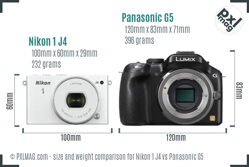 Nikon 1 J4 vs Panasonic G5 size comparison