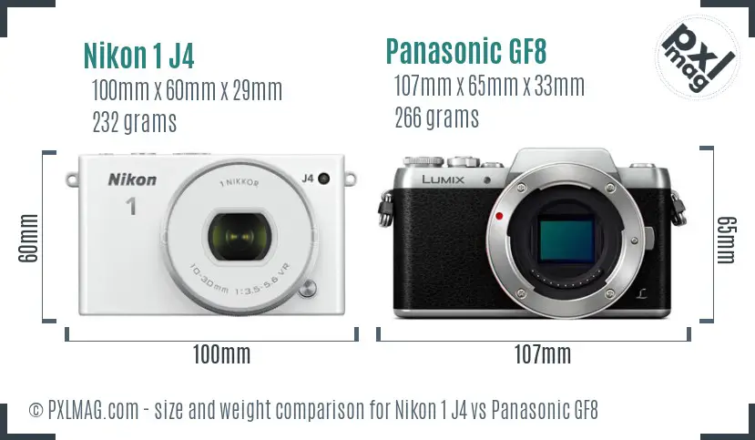 Nikon 1 J4 vs Panasonic GF8 size comparison