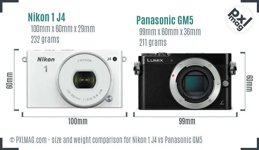 Nikon 1 J4 vs Panasonic GM5 size comparison