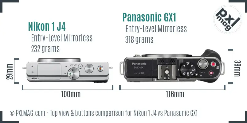 Nikon 1 J4 vs Panasonic GX1 top view buttons comparison