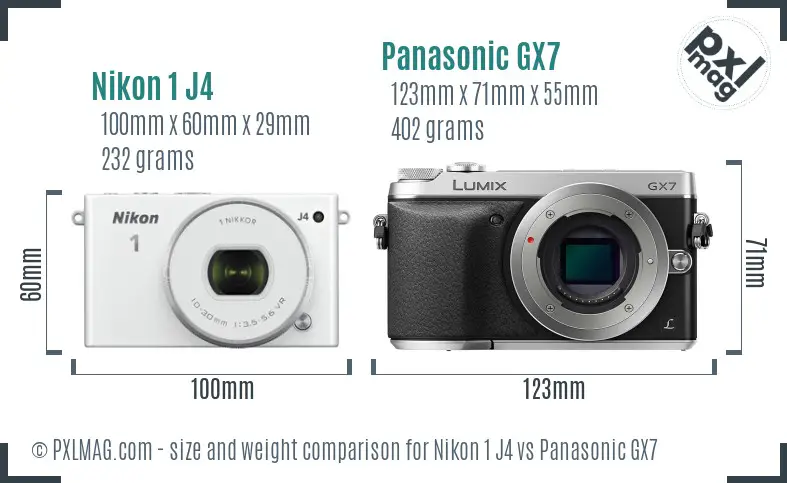 Nikon 1 J4 vs Panasonic GX7 size comparison