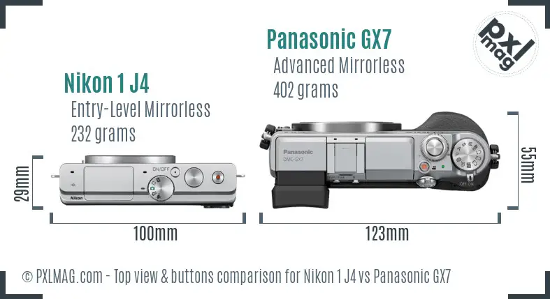 Nikon 1 J4 vs Panasonic GX7 top view buttons comparison