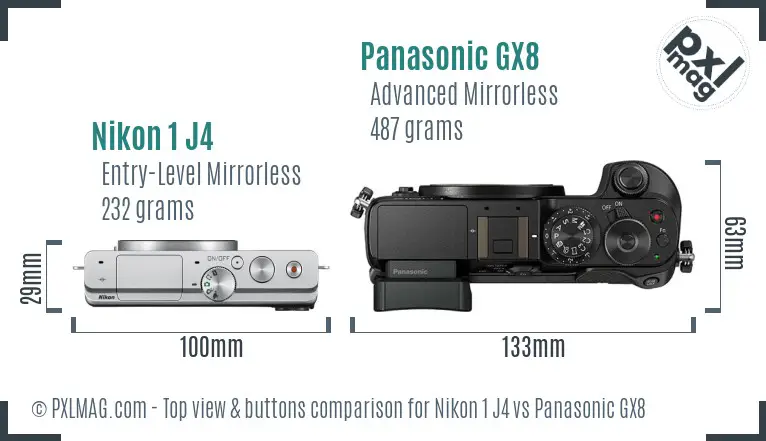 Nikon 1 J4 vs Panasonic GX8 top view buttons comparison Nikon 1 J4 vs Panasonic GX8 top view buttons comparison
