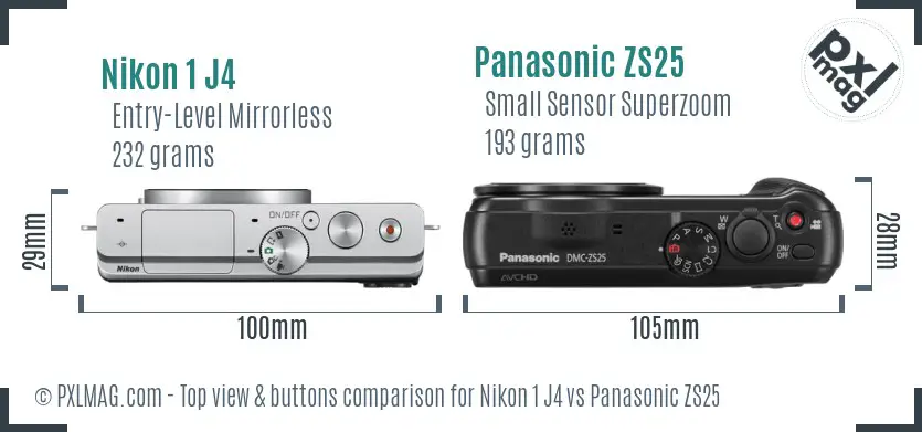 Nikon 1 J4 vs Panasonic ZS25 top view buttons comparison