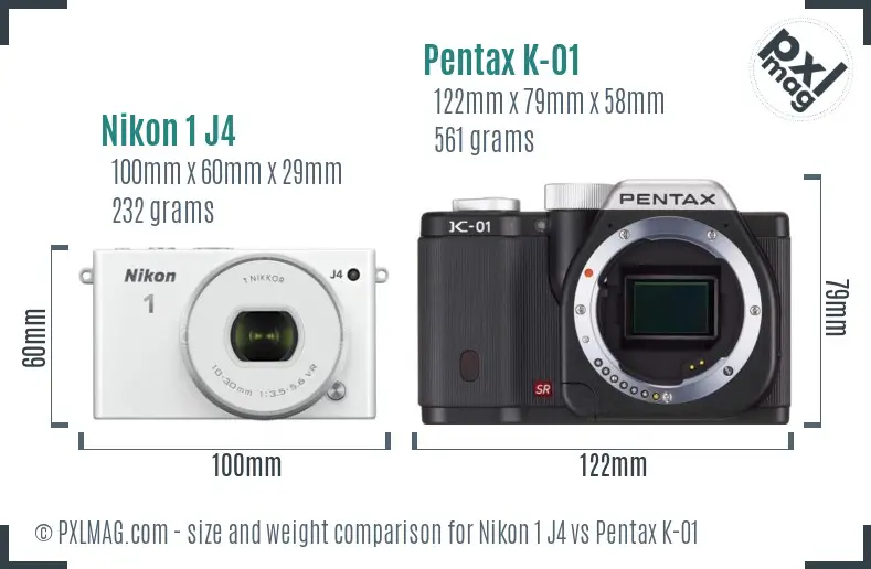 Nikon 1 J4 vs Pentax K-01 size comparison