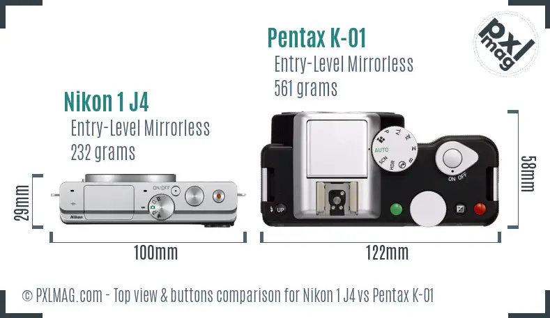 Nikon 1 J4 vs Pentax K-01 top view buttons comparison