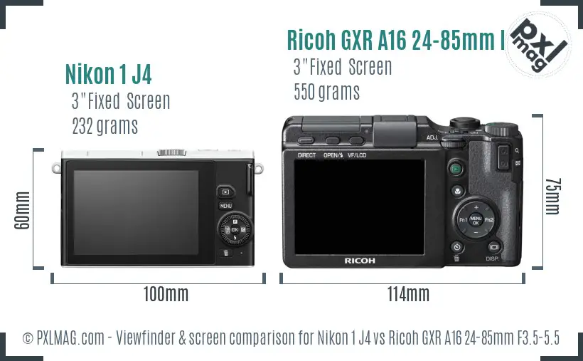 Nikon 1 J4 vs Ricoh GXR A16 24-85mm F3.5-5.5 Screen and Viewfinder comparison