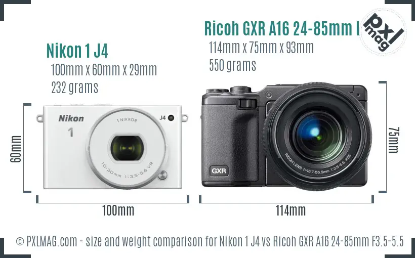 Nikon 1 J4 vs Ricoh GXR A16 24-85mm F3.5-5.5 size comparison