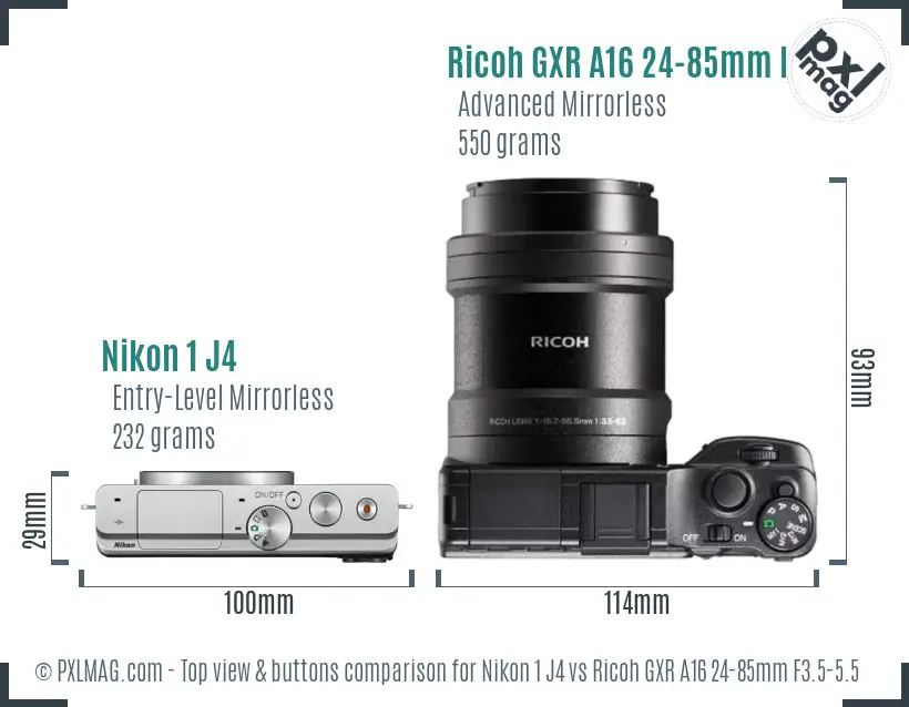 Nikon 1 J4 vs Ricoh GXR A16 24-85mm F3.5-5.5 top view buttons comparison