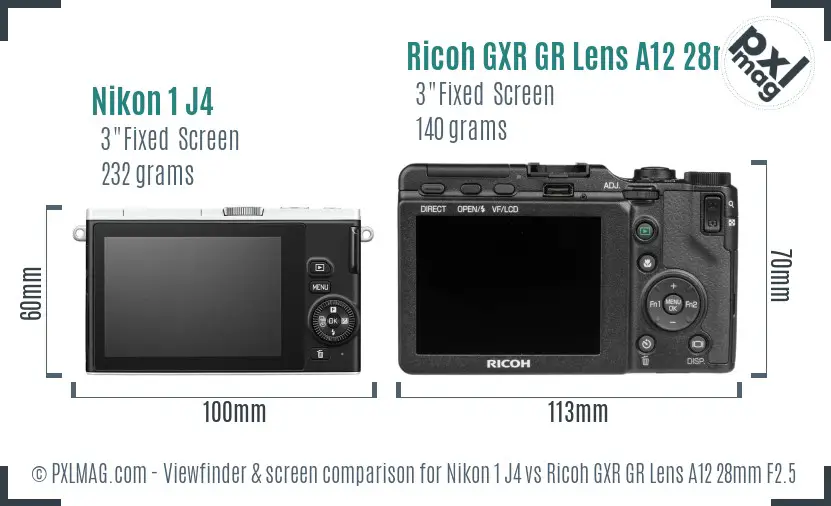 Nikon 1 J4 vs Ricoh GXR GR Lens A12 28mm F2.5 Screen and Viewfinder comparison