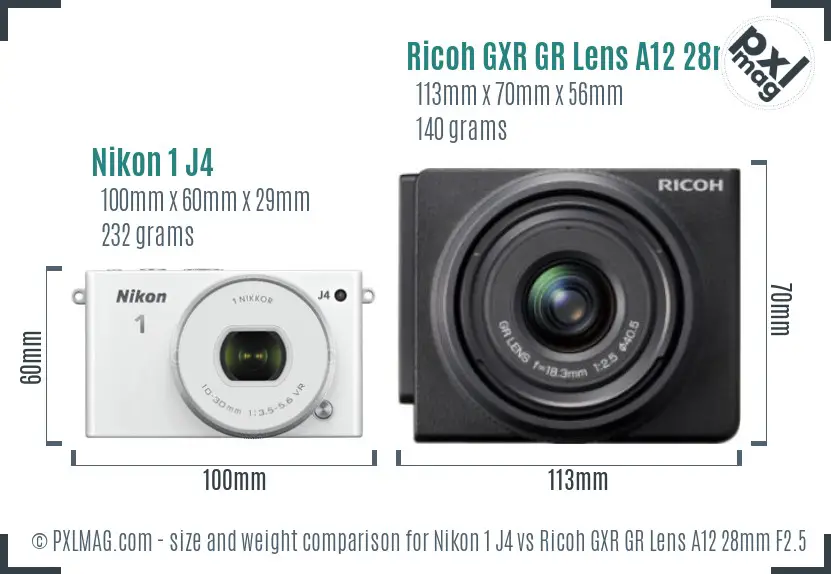 Nikon 1 J4 vs Ricoh GXR GR Lens A12 28mm F2.5 size comparison