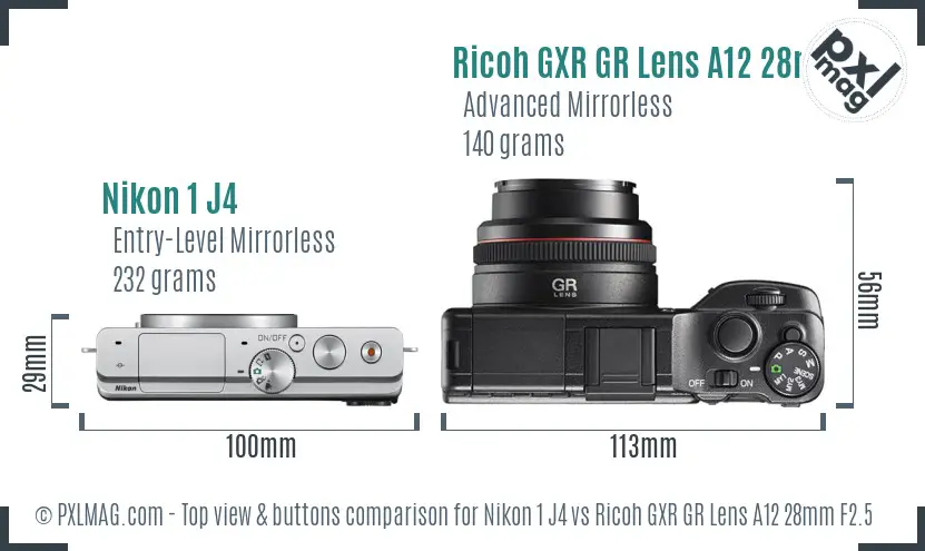 Nikon 1 J4 vs Ricoh GXR GR Lens A12 28mm F2.5 top view buttons comparison