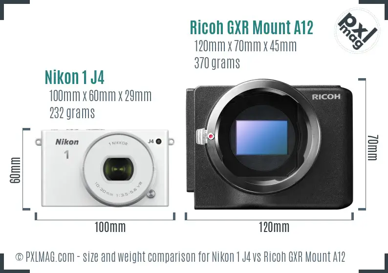 Nikon 1 J4 vs Ricoh GXR Mount A12 size comparison