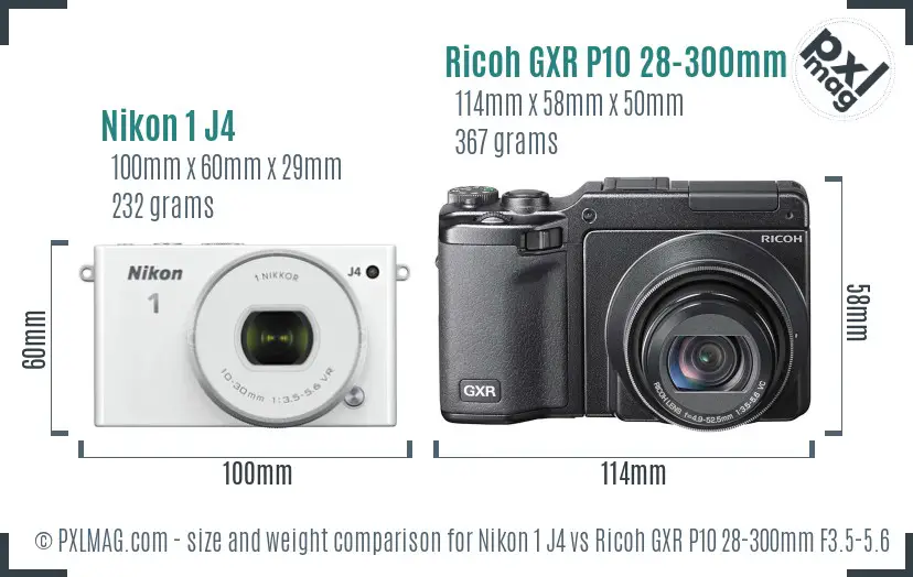 Nikon 1 J4 vs Ricoh GXR P10 28-300mm F3.5-5.6 VC size comparison
