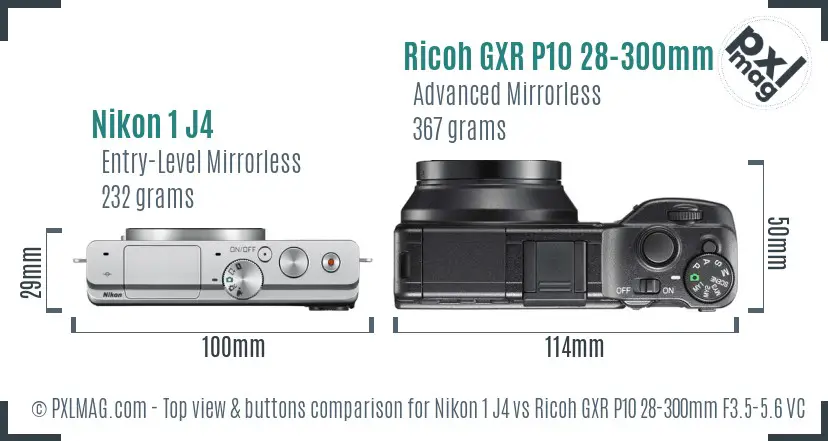 Nikon 1 J4 vs Ricoh GXR P10 28-300mm F3.5-5.6 VC top view buttons comparison