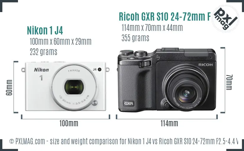 Nikon 1 J4 vs Ricoh GXR S10 24-72mm F2.5-4.4 VC size comparison