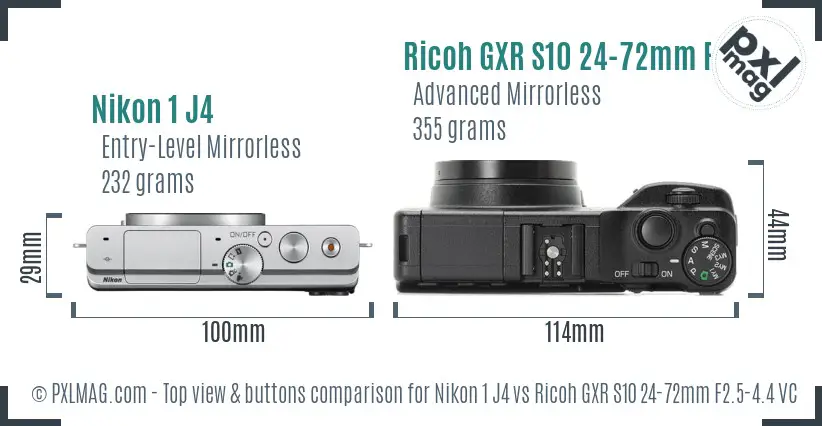Nikon 1 J4 vs Ricoh GXR S10 24-72mm F2.5-4.4 VC top view buttons comparison