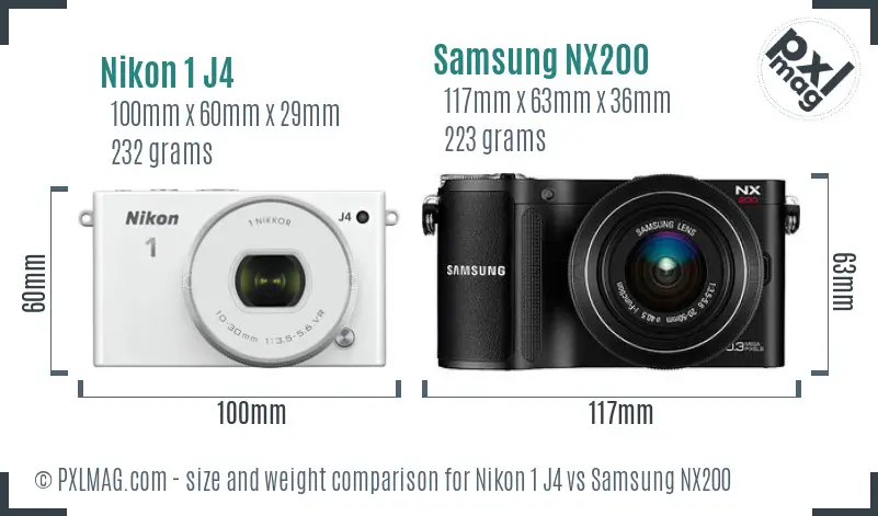 Nikon 1 J4 vs Samsung NX200 size comparison