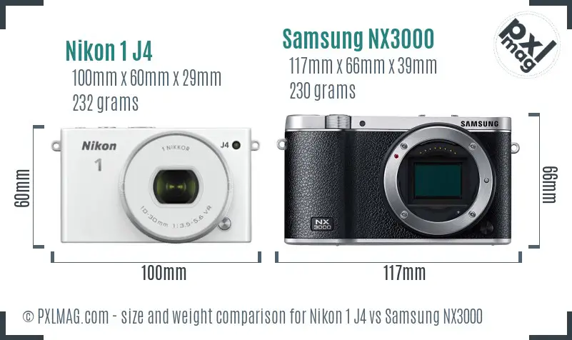 Nikon 1 J4 vs Samsung NX3000 size comparison
