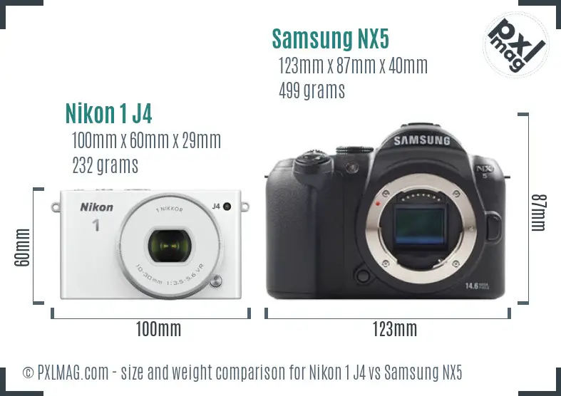 Nikon 1 J4 vs Samsung NX5 size comparison