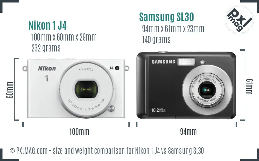 Nikon 1 J4 vs Samsung SL30 size comparison