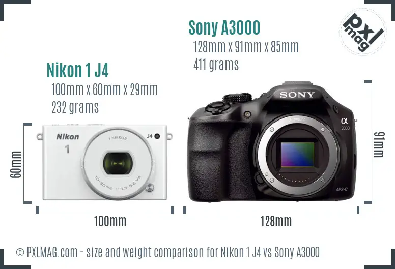 Nikon 1 J4 vs Sony A3000 size comparison