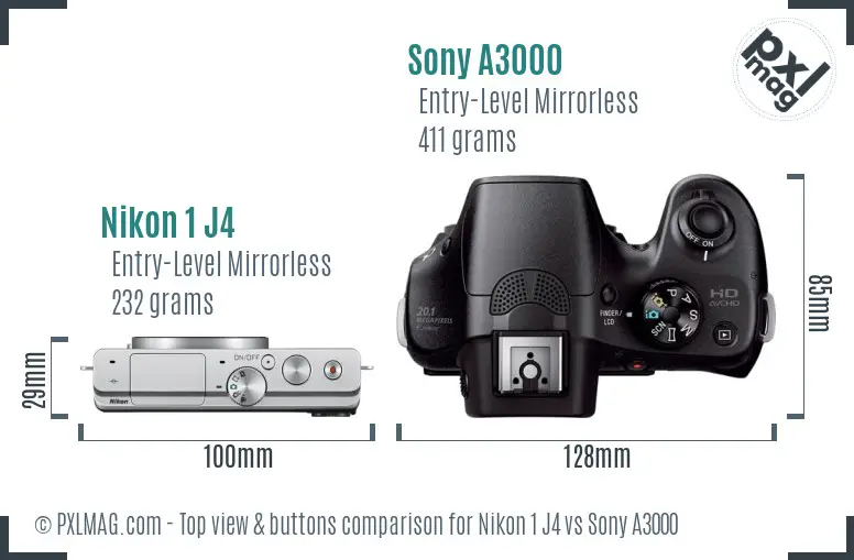 Nikon 1 J4 vs Sony A3000 top view buttons comparison