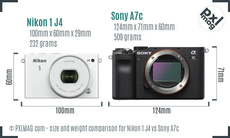 Nikon 1 J4 vs Sony A7c size comparison