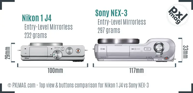 Nikon 1 J4 vs Sony NEX-3 top view buttons comparison