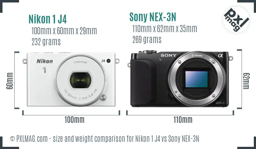 Nikon 1 J4 vs Sony NEX-3N size comparison
