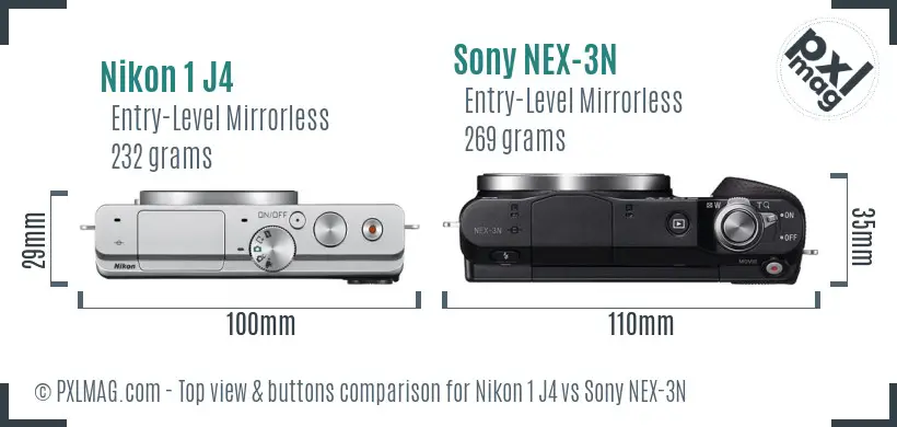 Nikon 1 J4 vs Sony NEX-3N top view buttons comparison