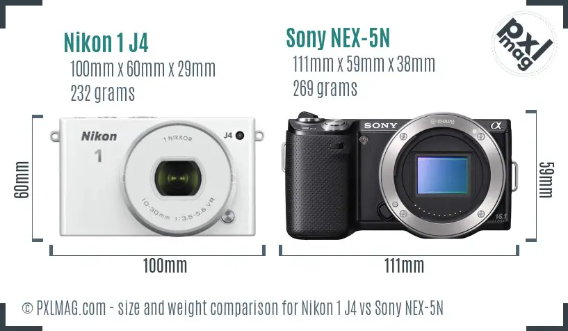 Nikon 1 J4 vs Sony NEX-5N size comparison