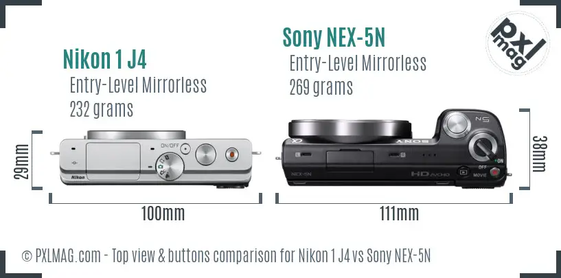 Nikon 1 J4 vs Sony NEX-5N top view buttons comparison