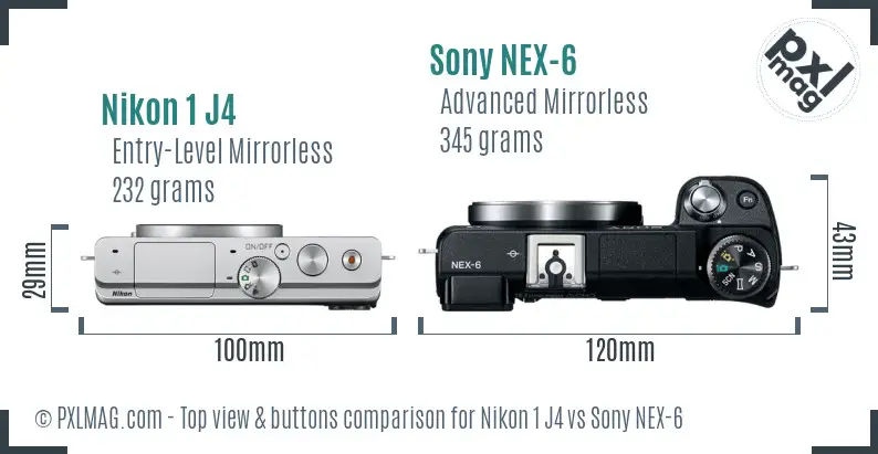 Nikon 1 J4 vs Sony NEX-6 top view buttons comparison