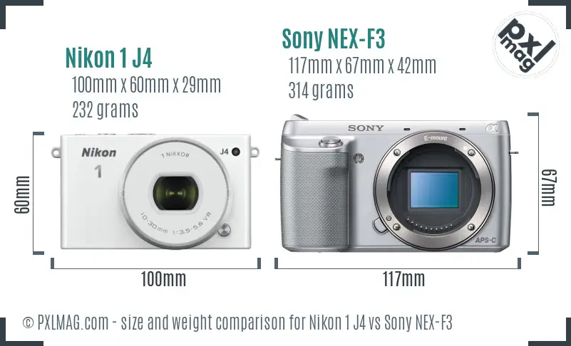 Nikon 1 J4 vs Sony NEX-F3 size comparison