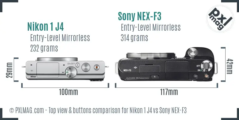 Nikon 1 J4 vs Sony NEX-F3 top view buttons comparison