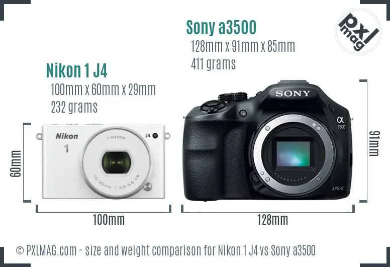Nikon 1 J4 vs Sony a3500 size comparison