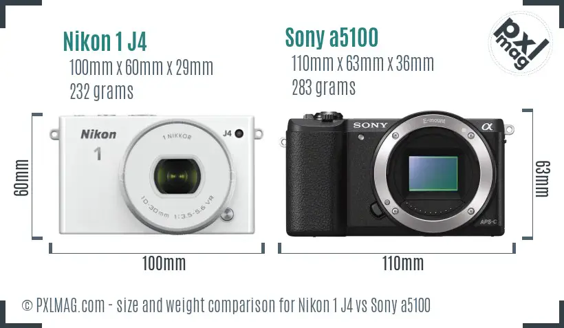 Nikon 1 J4 vs Sony a5100 size comparison