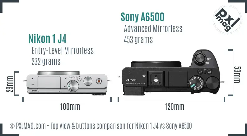 Nikon 1 J4 vs Sony A6500 top view buttons comparison