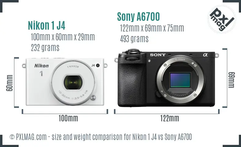 Nikon 1 J4 vs Sony A6700 size comparison