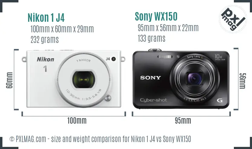 Nikon 1 J4 vs Sony WX150 size comparison