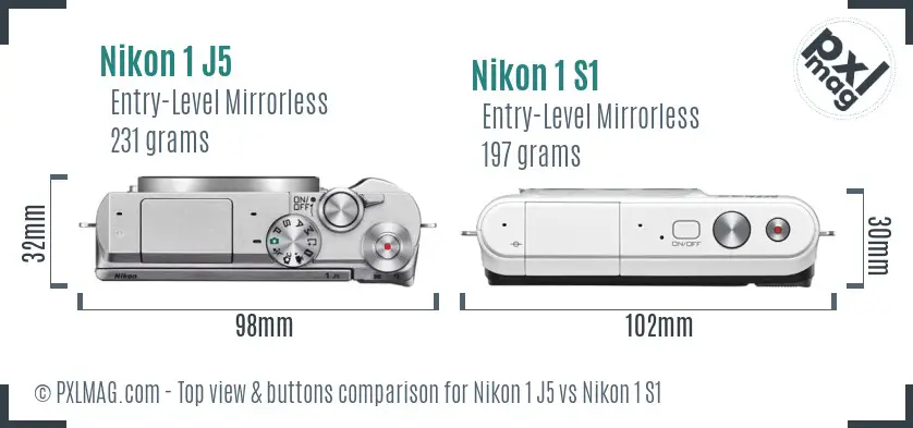 Nikon 1 J5 vs Nikon 1 S1 top view buttons comparison