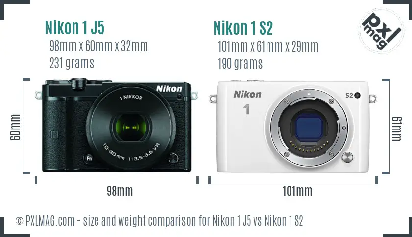 Nikon 1 J5 vs Nikon 1 S2 size comparison