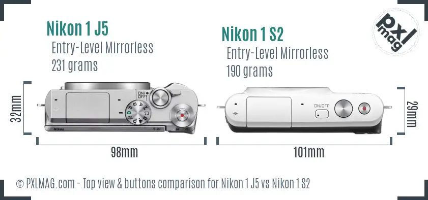 Nikon 1 J5 vs Nikon 1 S2 top view buttons comparison