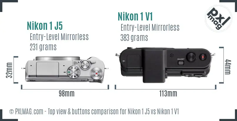 Nikon 1 J5 vs Nikon 1 V1 top view buttons comparison