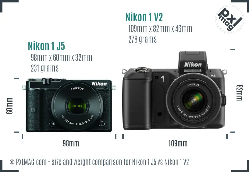 Nikon 1 J5 vs Nikon 1 V2 size comparison