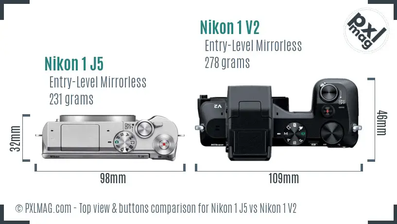 Nikon 1 J5 vs Nikon 1 V2 top view buttons comparison